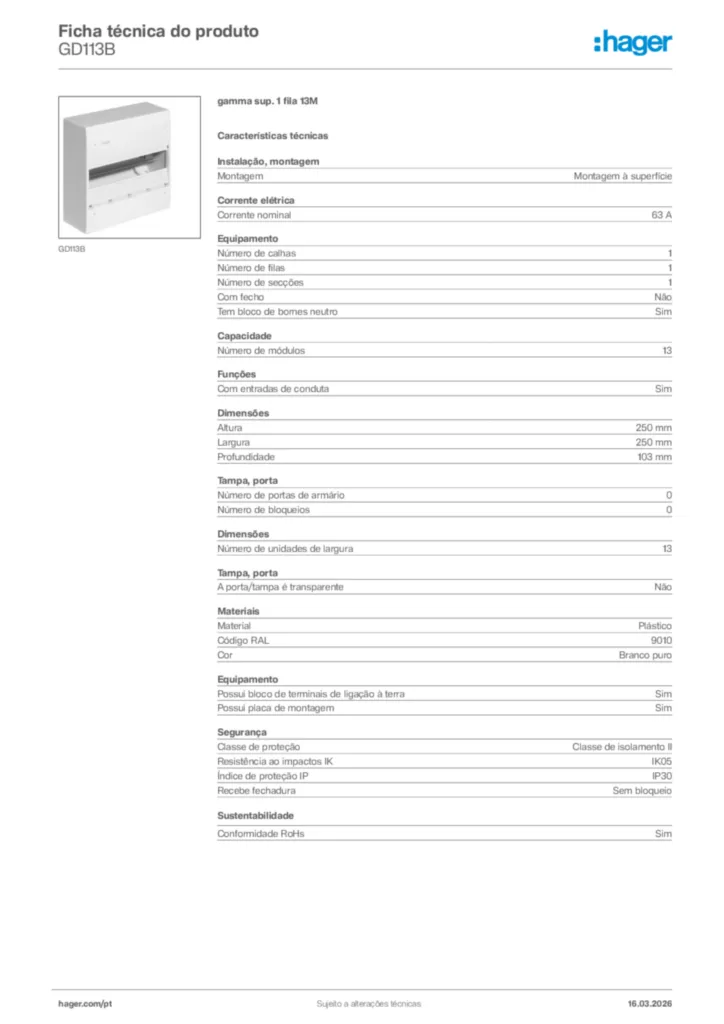 Imagem Hager Ficha técnica do produto GD113B | Hager Portugal
