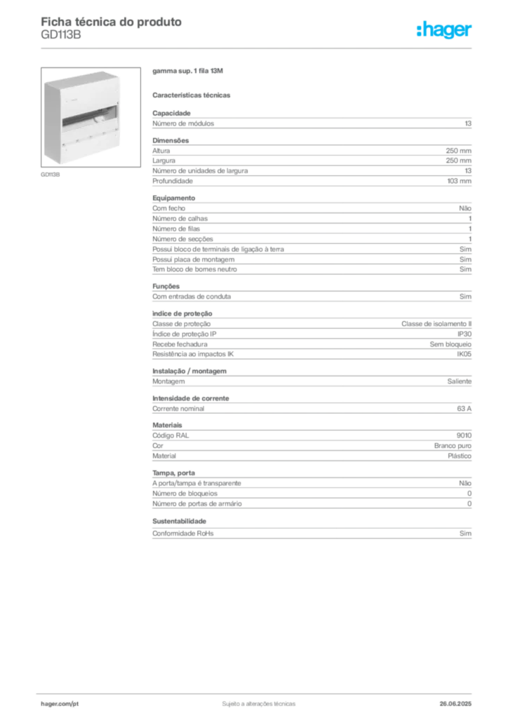 Imagem Hager Ficha técnica do produto GD113B | Hager Portugal