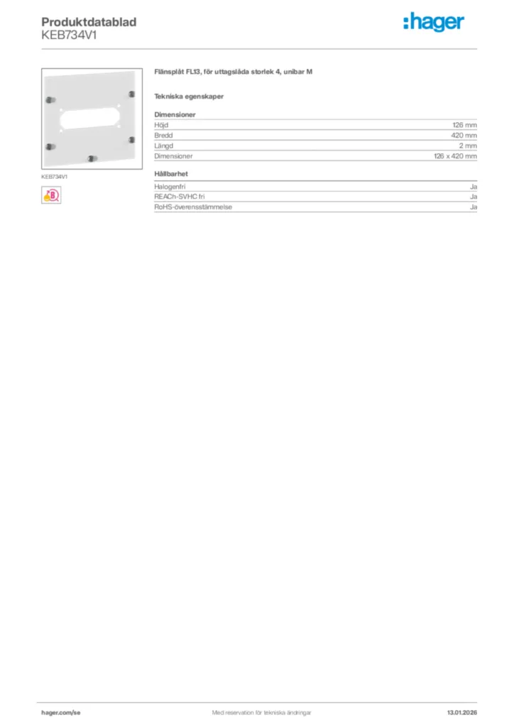 Bild Hager Produktdatablad KEB734V1 | Hager Sverige