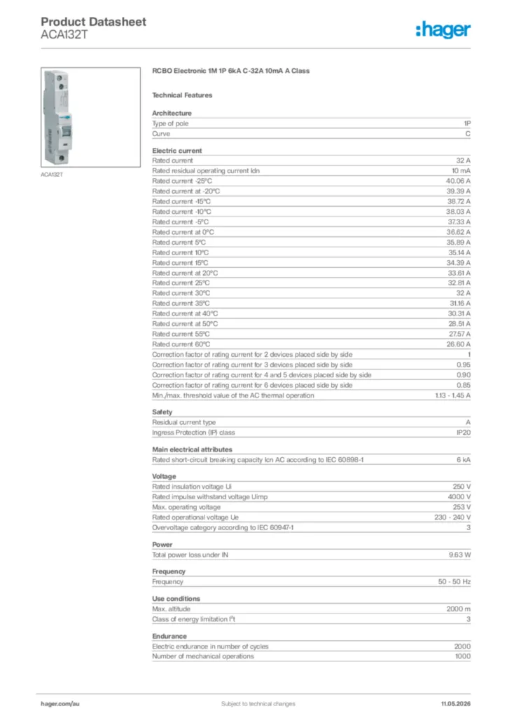 Image Hager Product data sheet ACA132T  | Hager Australia