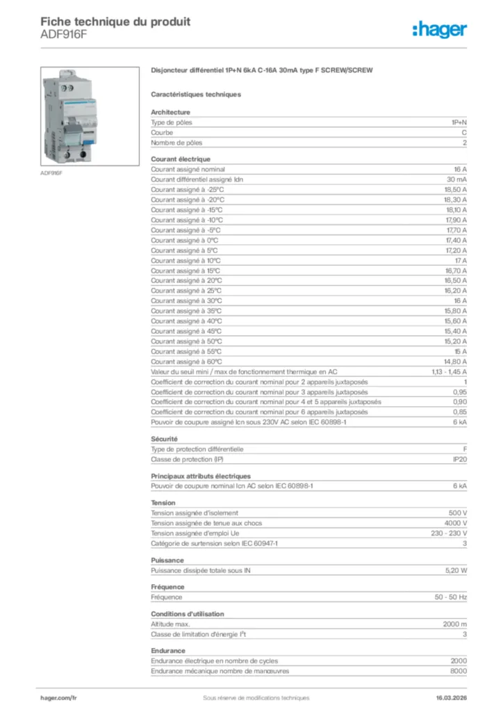 Image Hager Fiche technique du produit ADF916F | Hager France