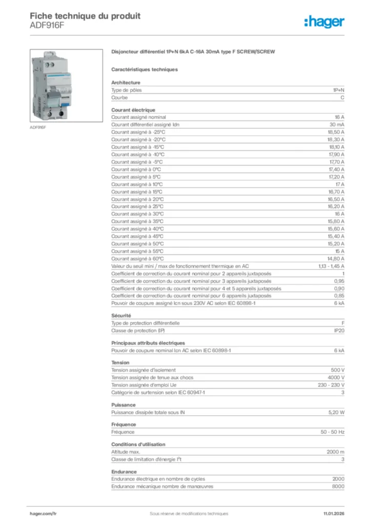 Image Hager Fiche technique du produit ADF916F | Hager France