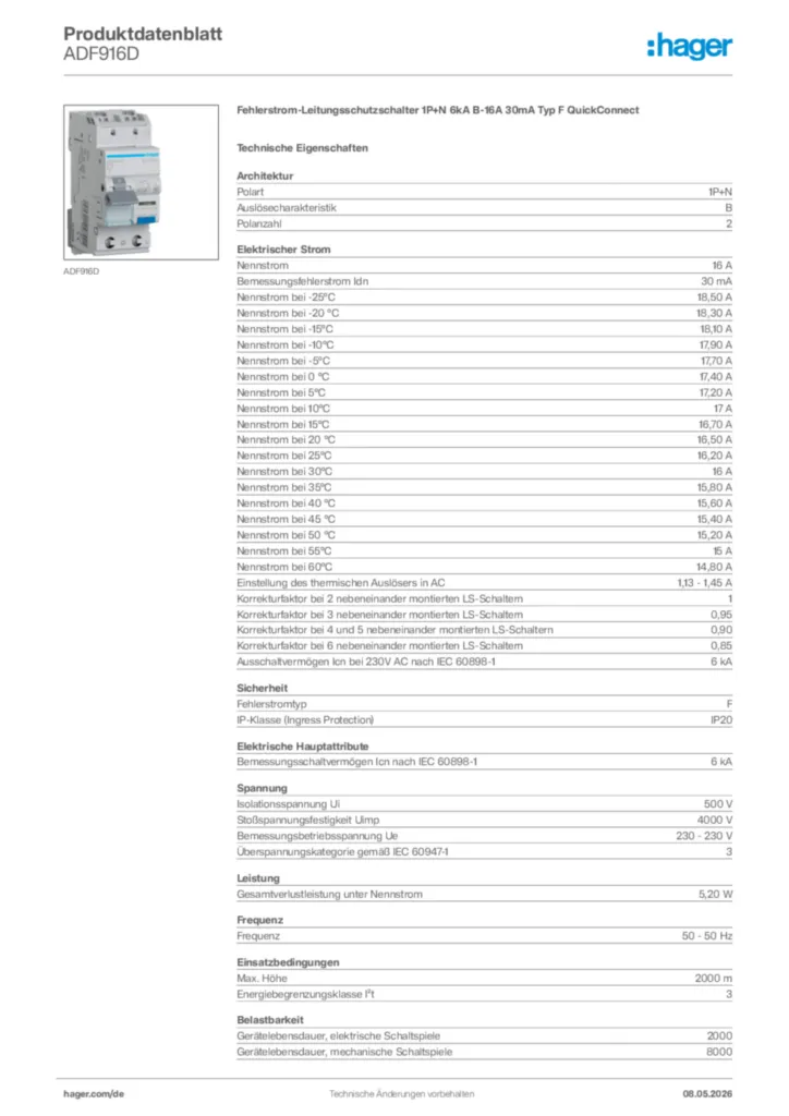 Bild Hager Produktdatenblatt ADF916D | Hager Deutschland