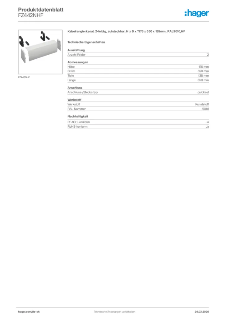 Bild Hager Produktdatenblatt FZ442NHF | Hager Schweiz