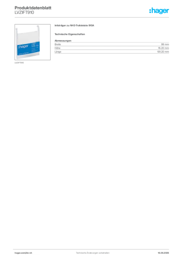 Bild Hager Produktdatenblatt LVZIFT910 | Hager Schweiz