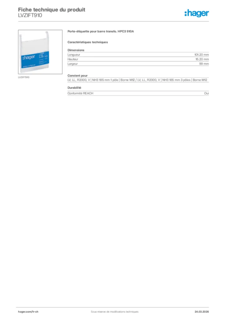 Image Hager Fiche technique du produit LVZIFT910 | Hager Suisse