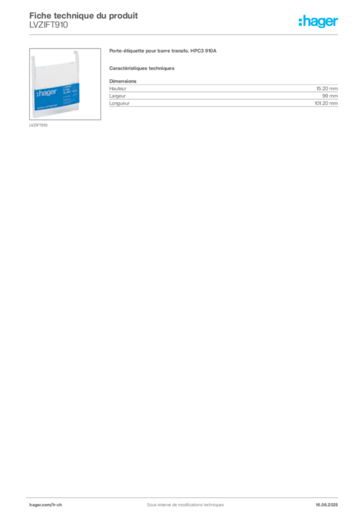 Image Hager Fiche technique du produit LVZIFT910 | Hager Suisse