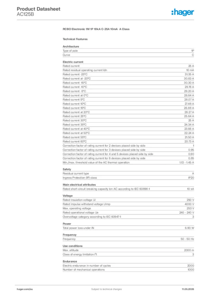 Image Hager Product data sheet AC125B  | Hager Australia