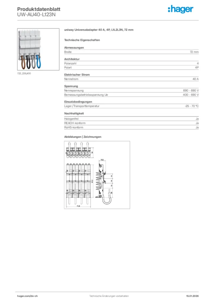 Bild Hager Produktdatenblatt UW-AU40-L123N | Hager Schweiz