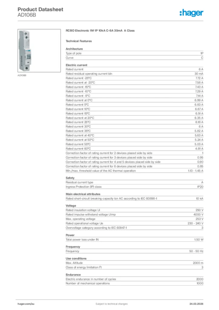 Image Hager Product data sheet AD106B  | Hager Australia