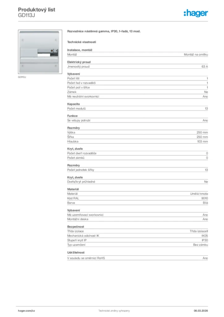 Obrázek Hager Product data sheet GD113J | Hager