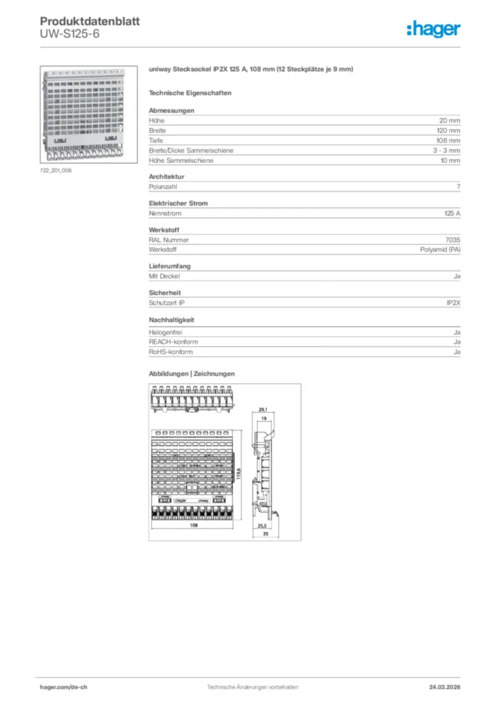 Bild Hager Produktdatenblatt UW-S125-6 | Hager Schweiz