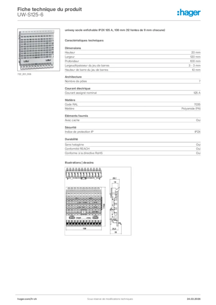 Image Hager Fiche technique du produit UW-S125-6 | Hager Suisse