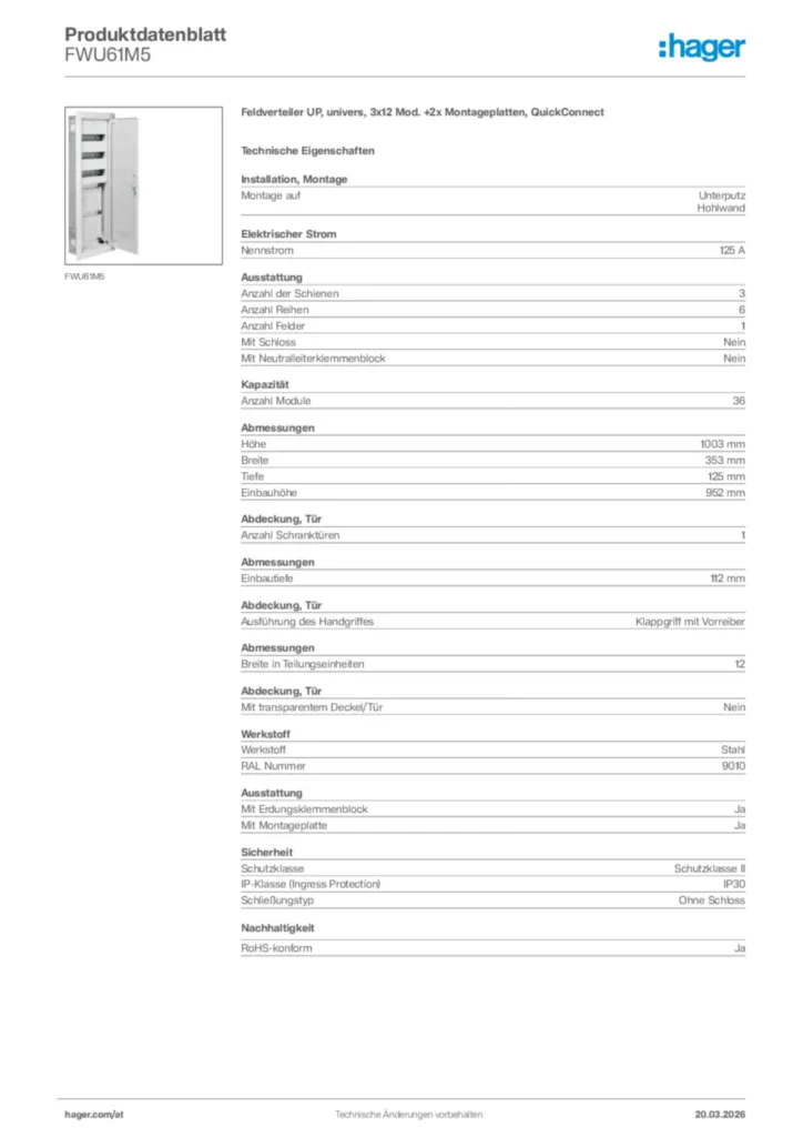 Bild Hager Produktdatenblatt FWU61M5 | Hager Deutschland