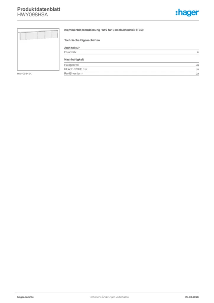 Bild Hager Produktdatenblatt HWY098HSA | Hager Deutschland