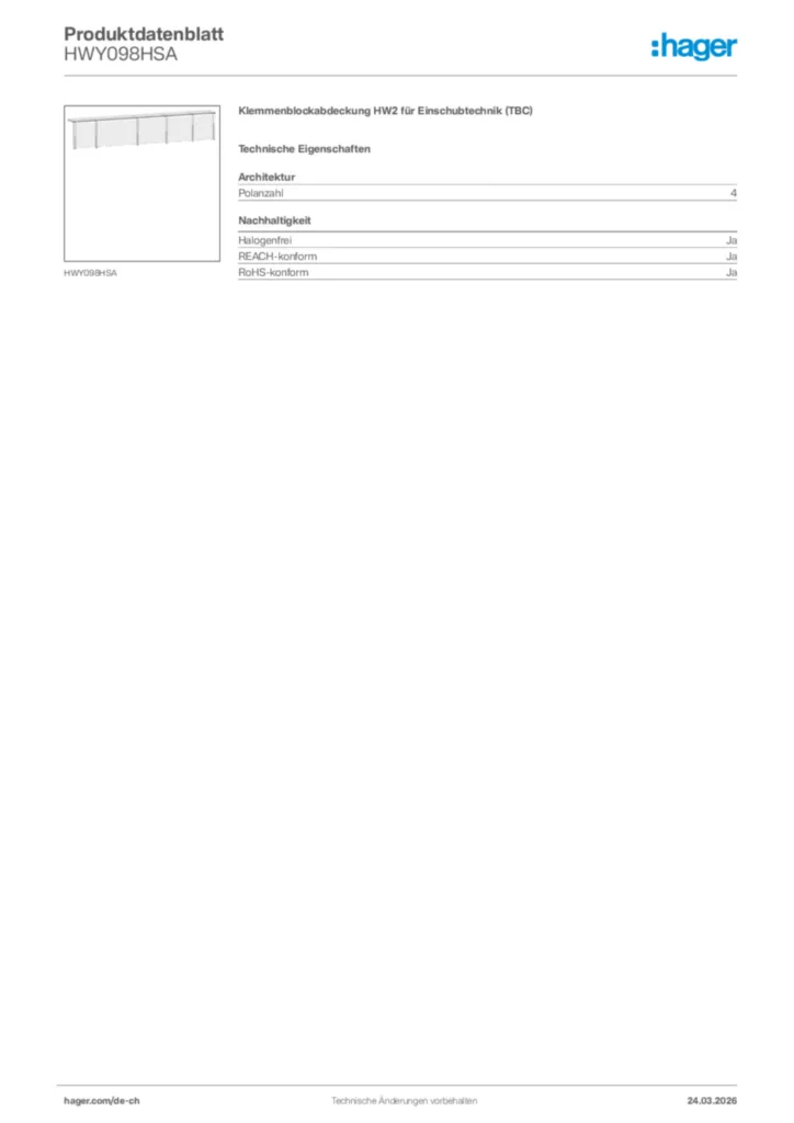 Bild Hager Produktdatenblatt HWY098HSA | Hager Schweiz