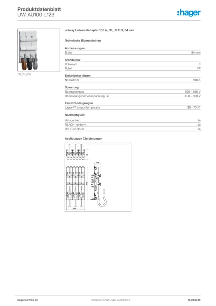 Bild Hager Produktdatenblatt UW-AU100-L123 | Hager Schweiz