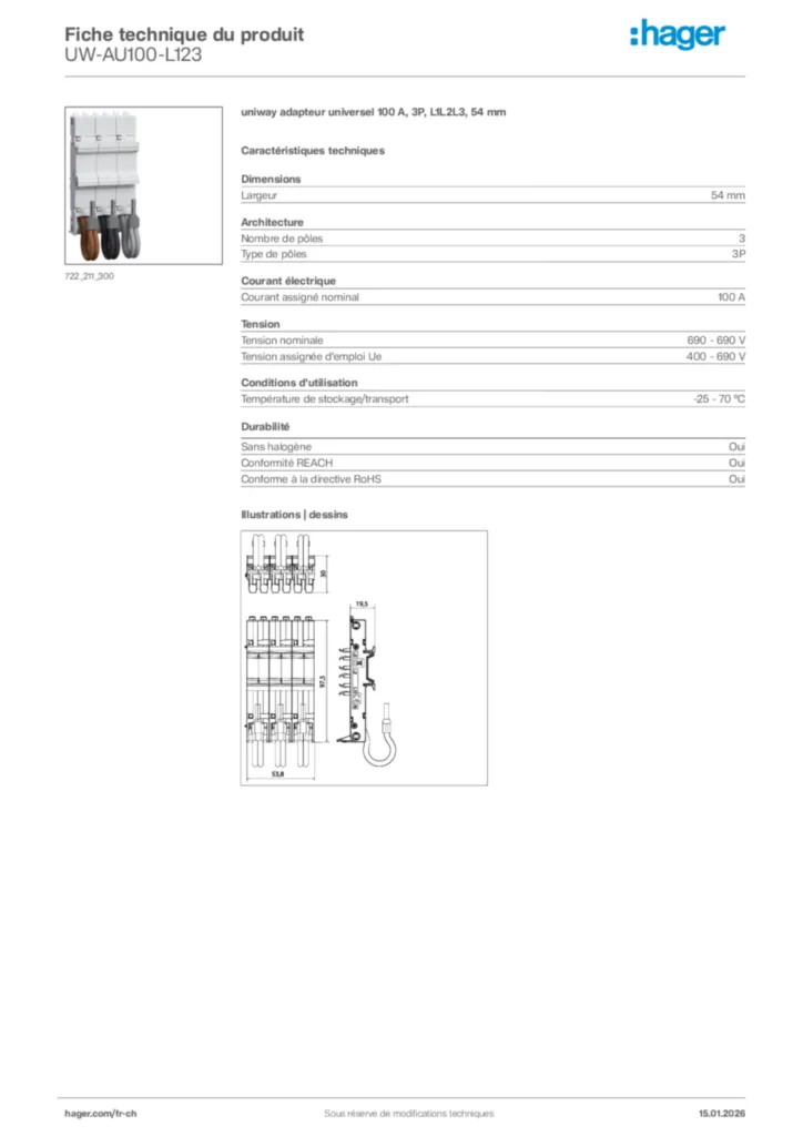 Image Hager Fiche technique du produit UW-AU100-L123 | Hager Suisse