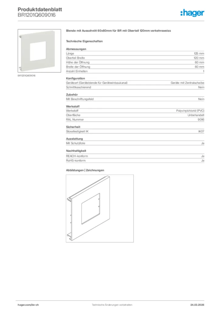 Bild Hager Produktdatenblatt BR1201Q609016 | Hager Schweiz