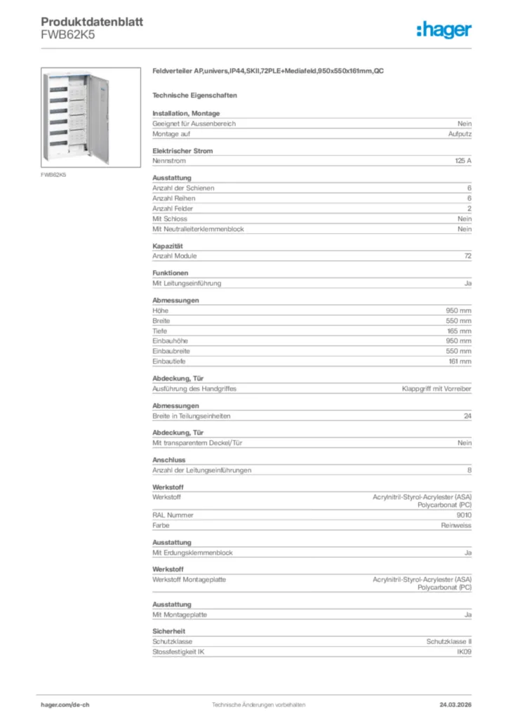 Bild Hager Produktdatenblatt FWB62K5 | Hager Schweiz