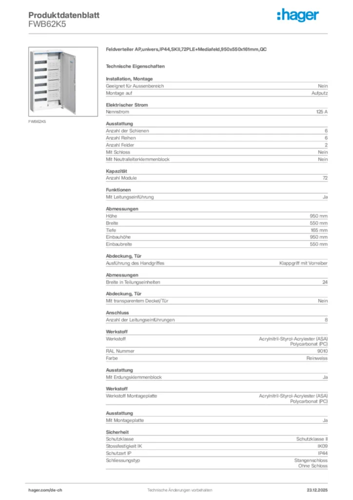 Bild Hager Produktdatenblatt FWB62K5 | Hager Schweiz