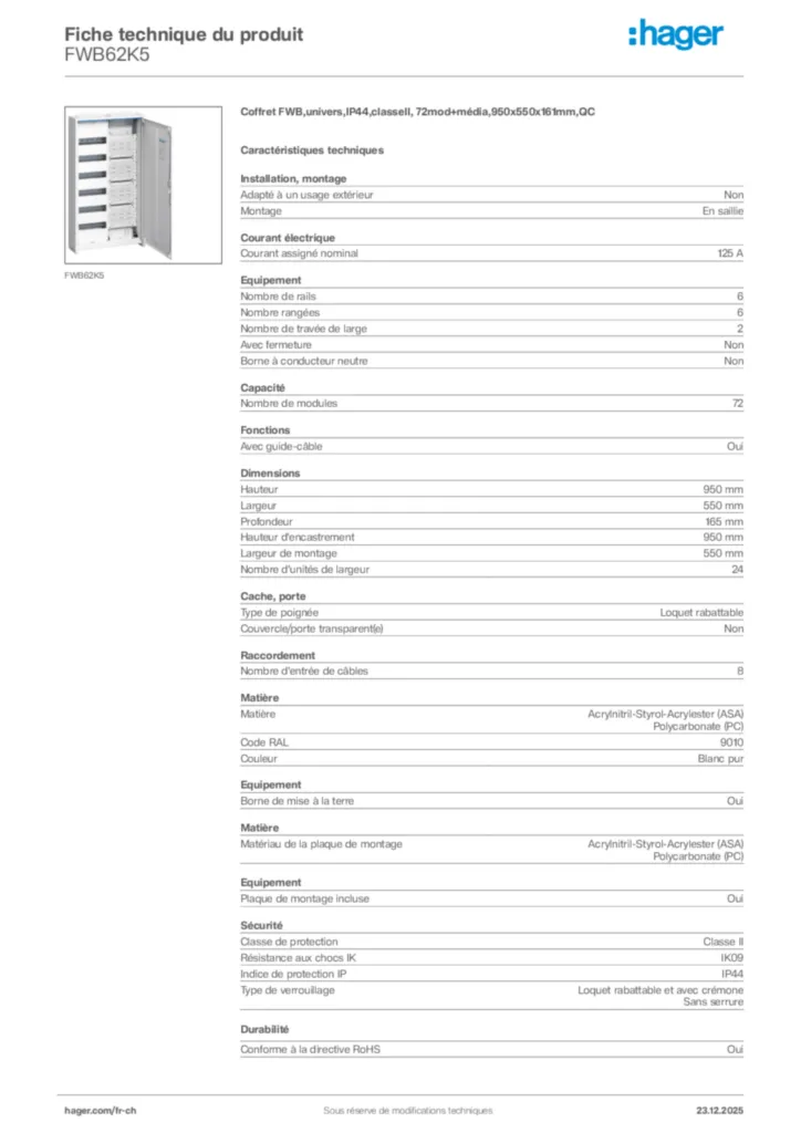Image Hager Fiche technique du produit FWB62K5 | Hager Suisse