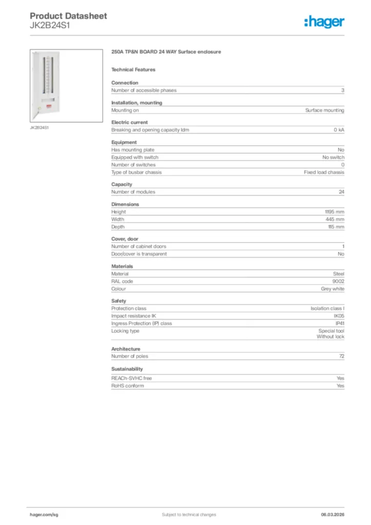Image Hager Product data sheet JK2B24S1  | Hager