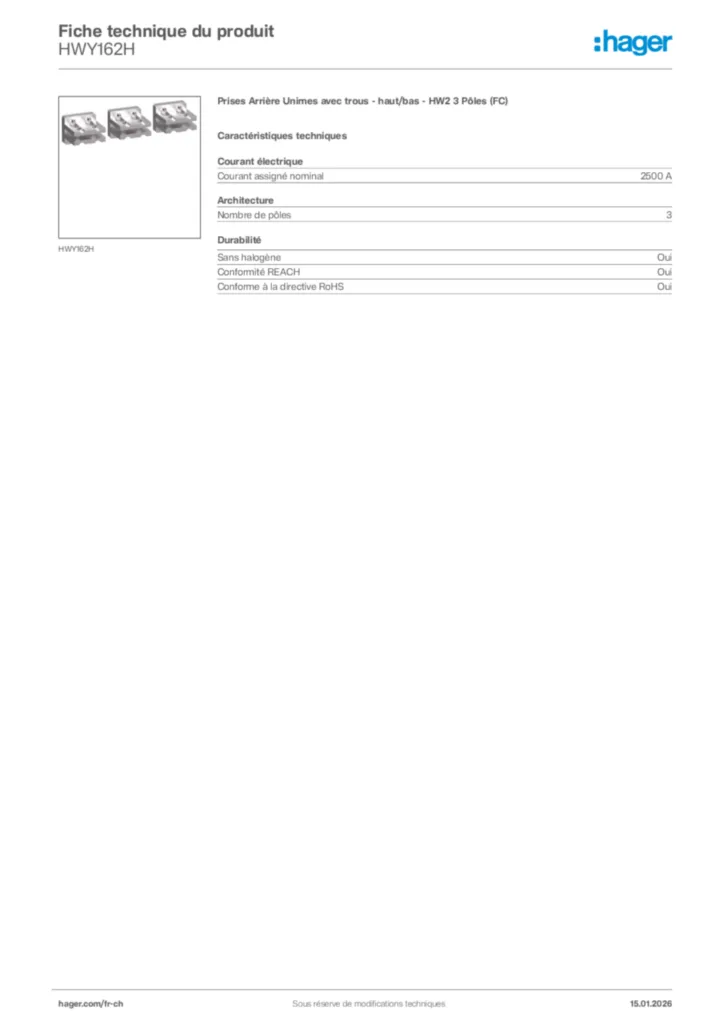 Image Hager Fiche technique du produit HWY162H | Hager Suisse
