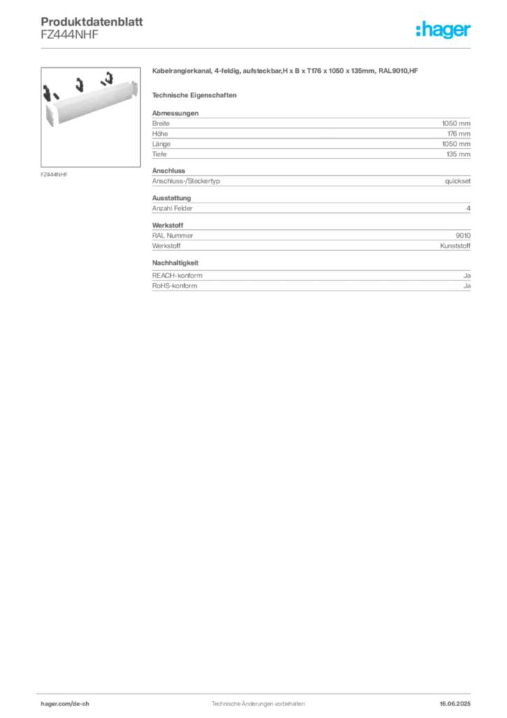 Bild Hager Produktdatenblatt FZ444NHF | Hager Schweiz