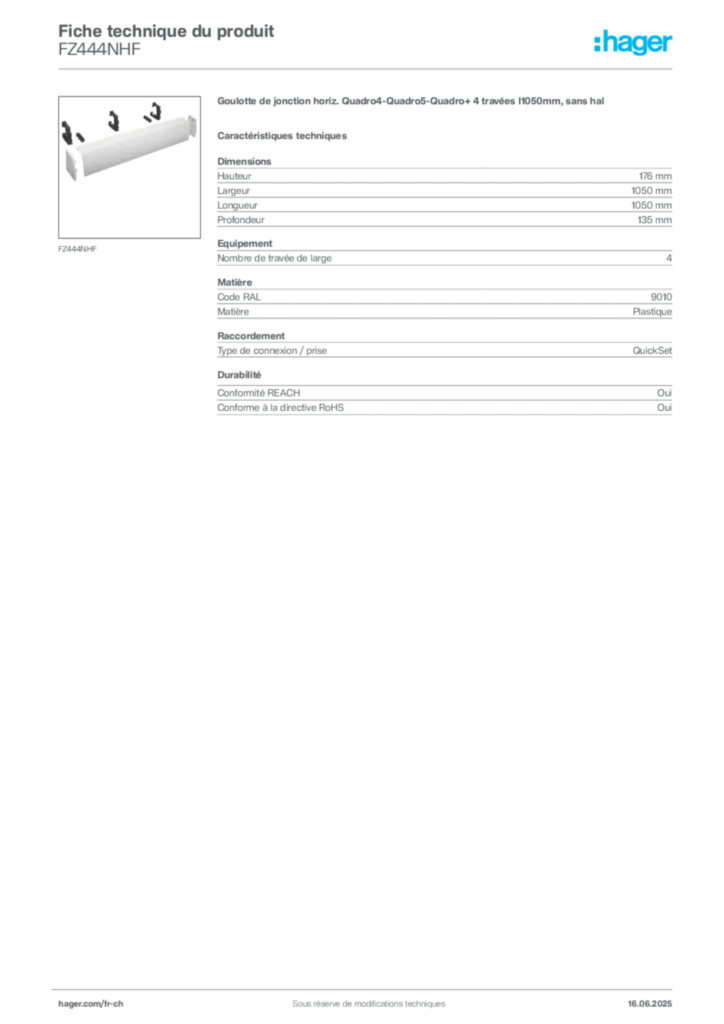 Image Hager Fiche technique du produit FZ444NHF | Hager Suisse