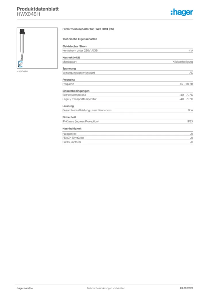 Bild Hager Produktdatenblatt HWX048H | Hager Deutschland