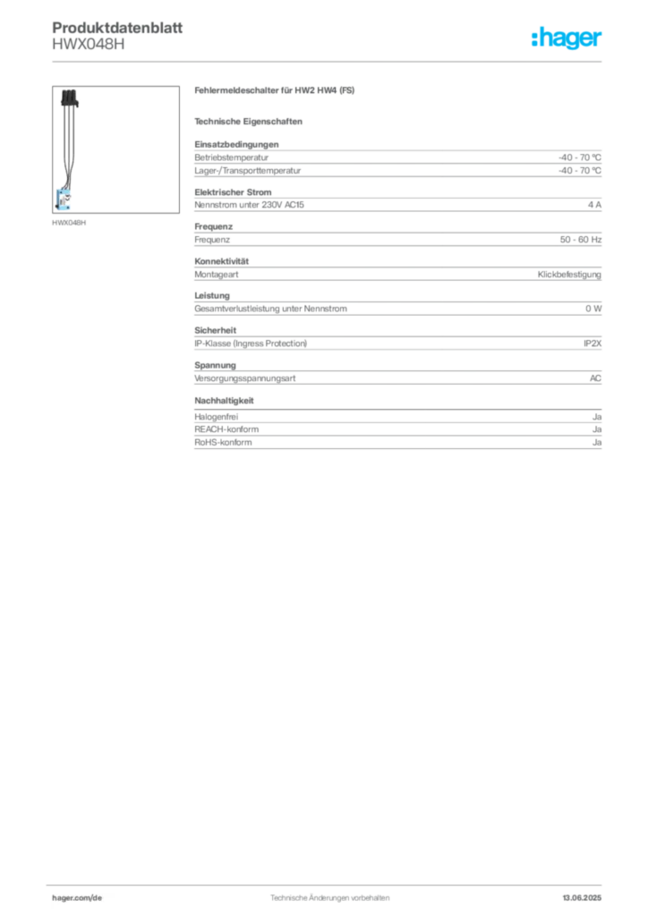Bild Hager Produktdatenblatt HWX048H | Hager Deutschland