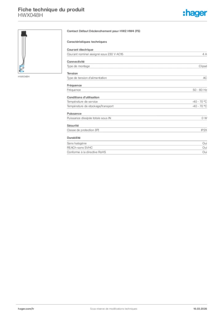 Image Hager Fiche technique du produit HWX048H | Hager France