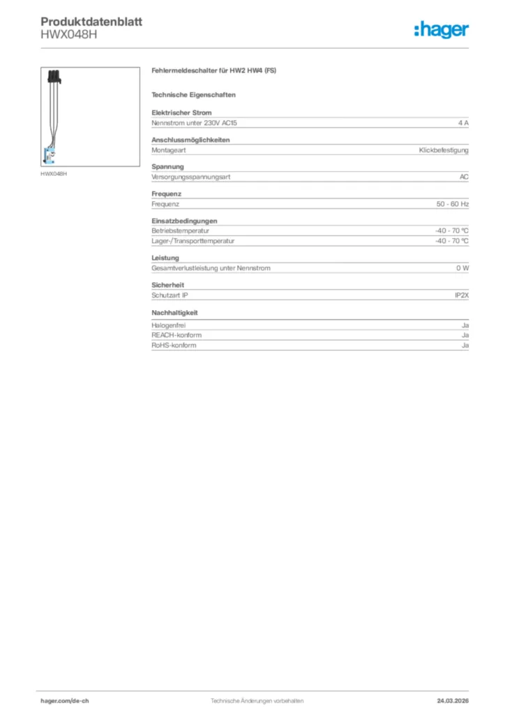Bild Hager Produktdatenblatt HWX048H | Hager Schweiz