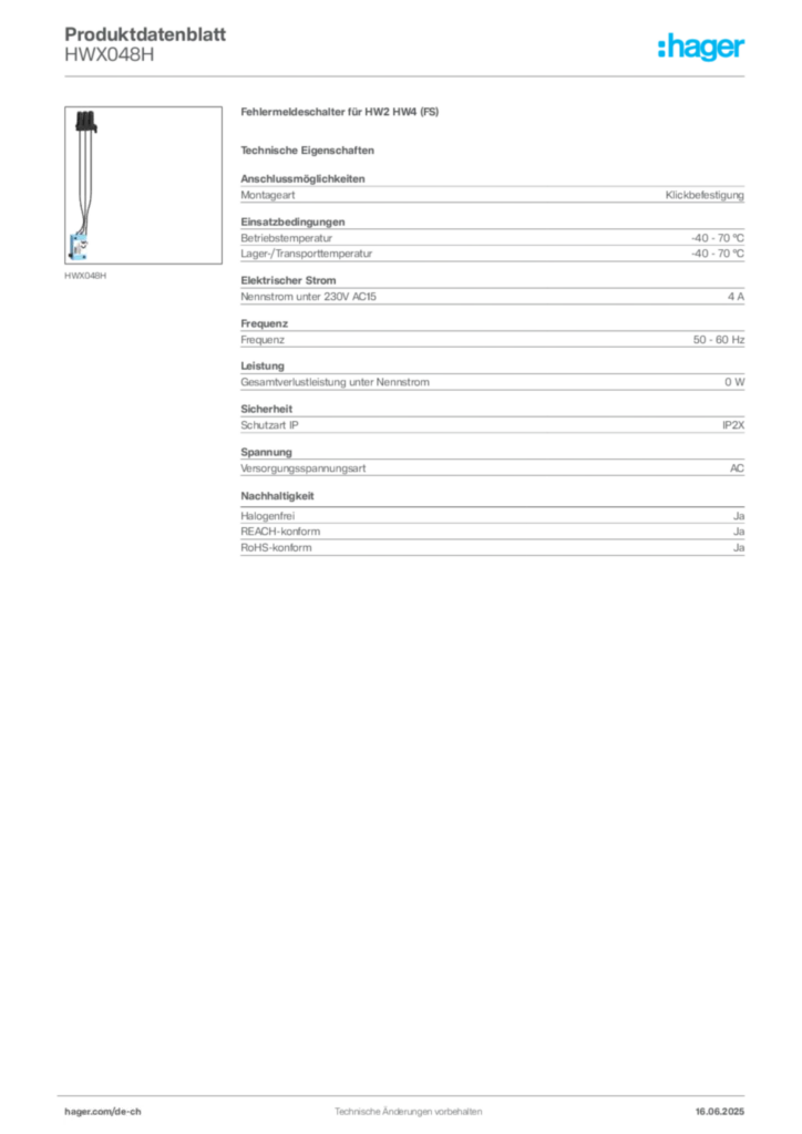 Bild Hager Produktdatenblatt HWX048H | Hager Schweiz