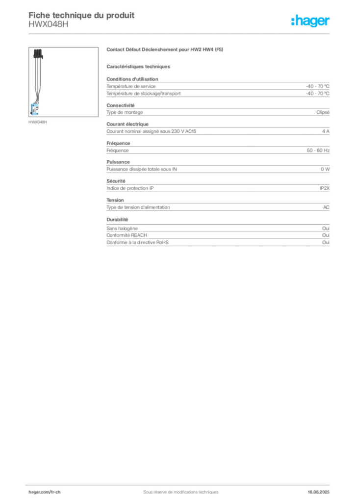 Image Hager Fiche technique du produit HWX048H | Hager Suisse