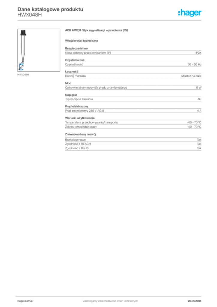 Zdjęcie Hager Dane katalogowe produktu HWX048H | Hager Polska