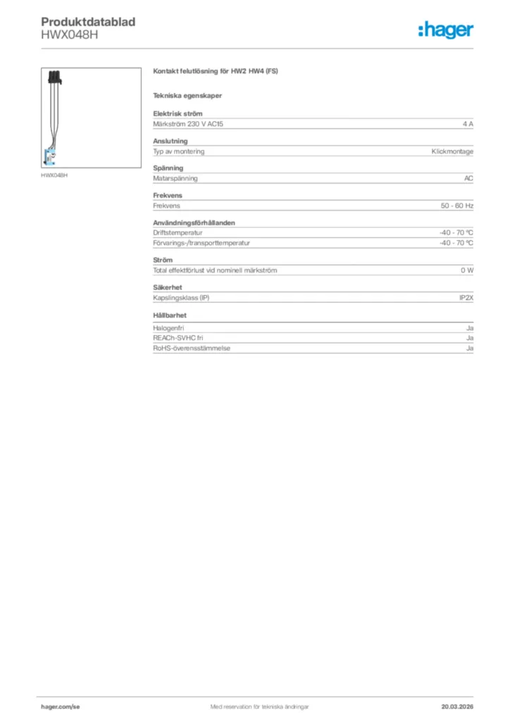 Bild Hager Produktdatablad HWX048H | Hager Sverige