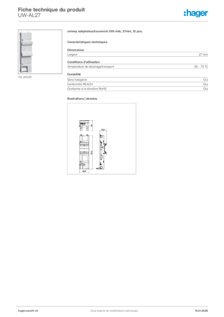 Image Hager Fiche technique du produit UW-AL27 | Hager Suisse