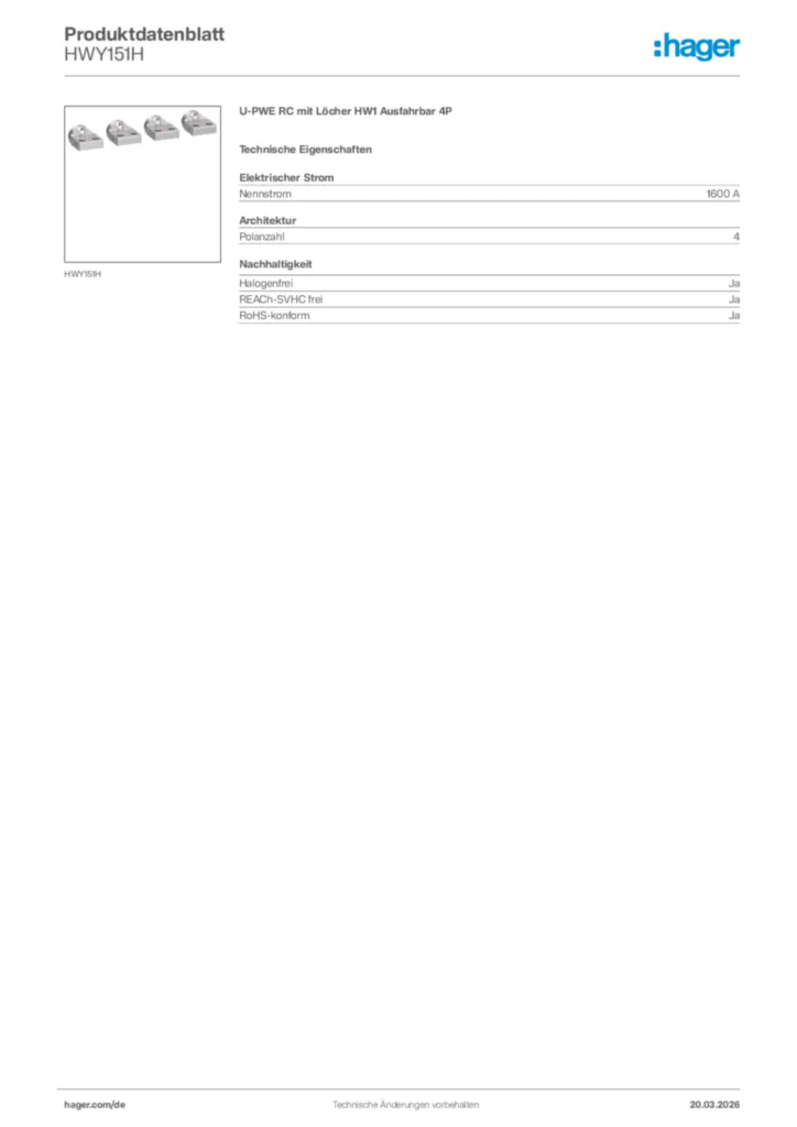 Bild Hager Produktdatenblatt HWY151H | Hager Deutschland