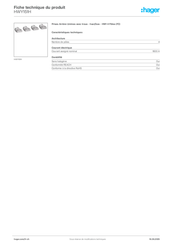 Image Hager Fiche technique du produit HWY151H | Hager Suisse