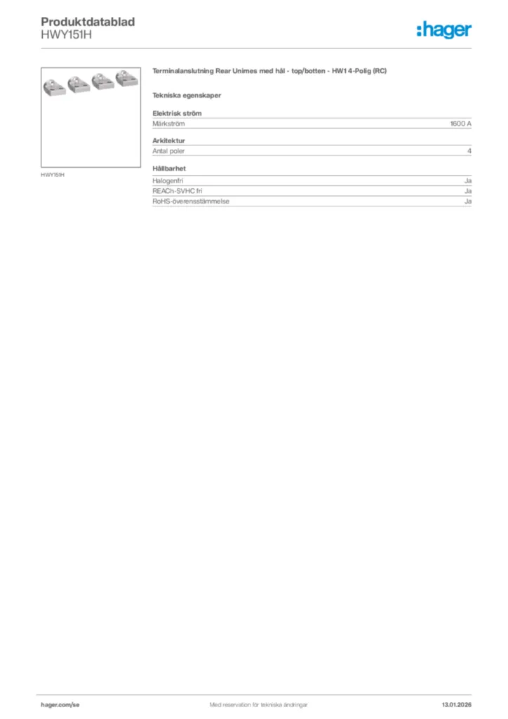 Bild Hager Produktdatablad HWY151H | Hager Sverige