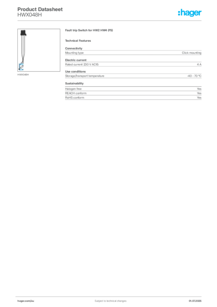 Image Hager Product data sheet HWX048H  | Hager Australia
