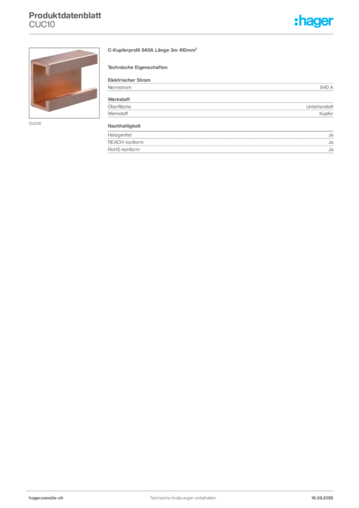 Bild Hager Produktdatenblatt CUC10 | Hager Schweiz