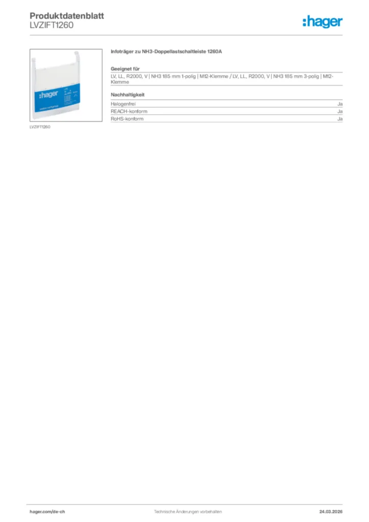 Bild Hager Produktdatenblatt LVZIFT1260 | Hager Schweiz