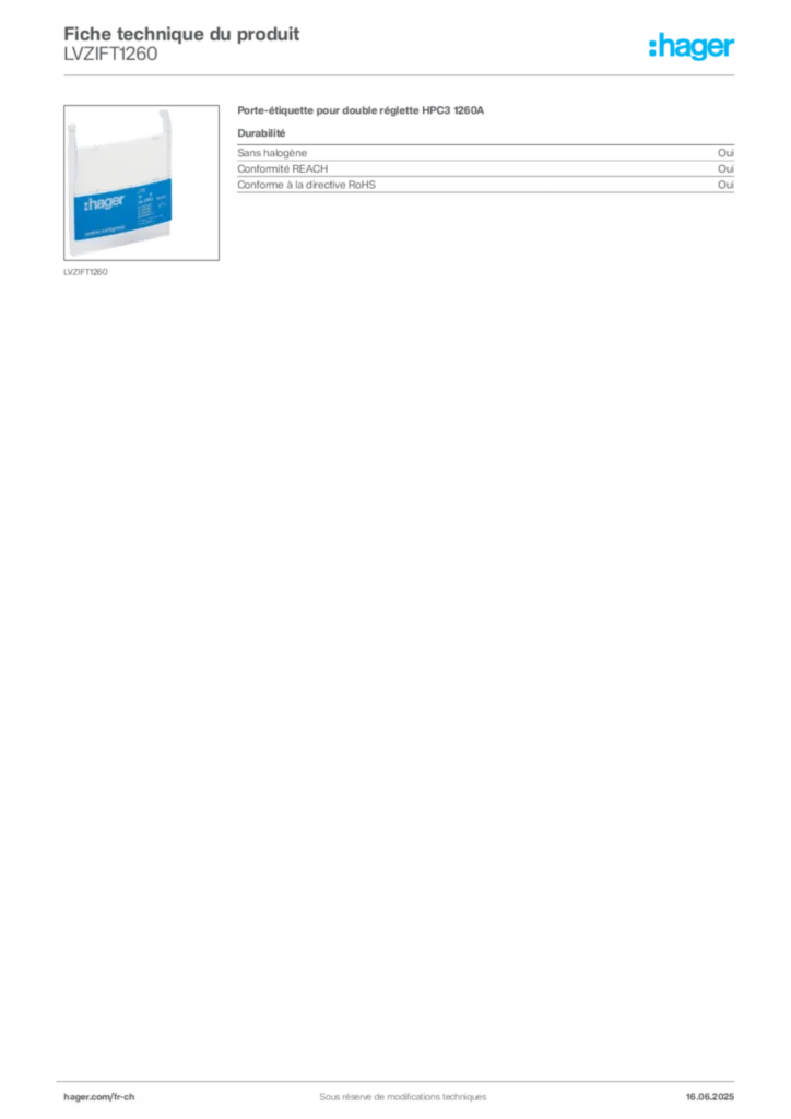 Image Hager Fiche technique du produit LVZIFT1260 | Hager Suisse
