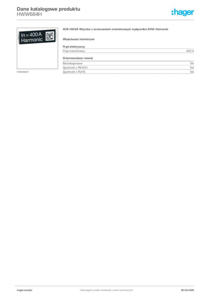 Zdjęcie Hager Dane katalogowe produktu HWW684H | Hager Polska