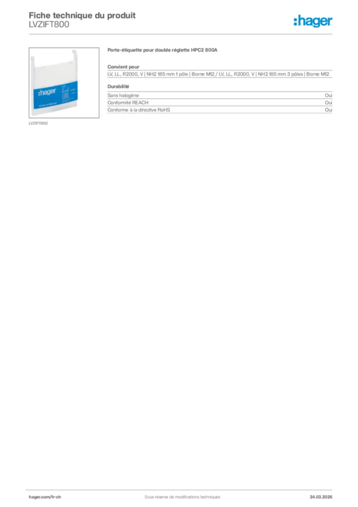 Image Hager Fiche technique du produit LVZIFT800 | Hager Suisse