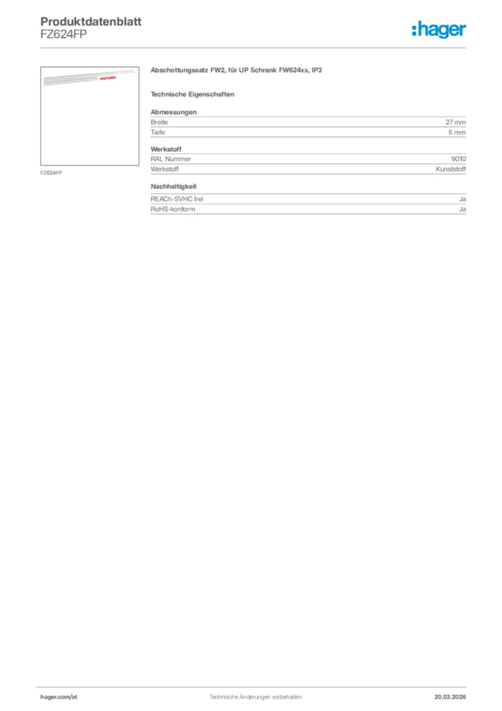Bild Hager Produktdatenblatt FZ624FP | Hager Deutschland