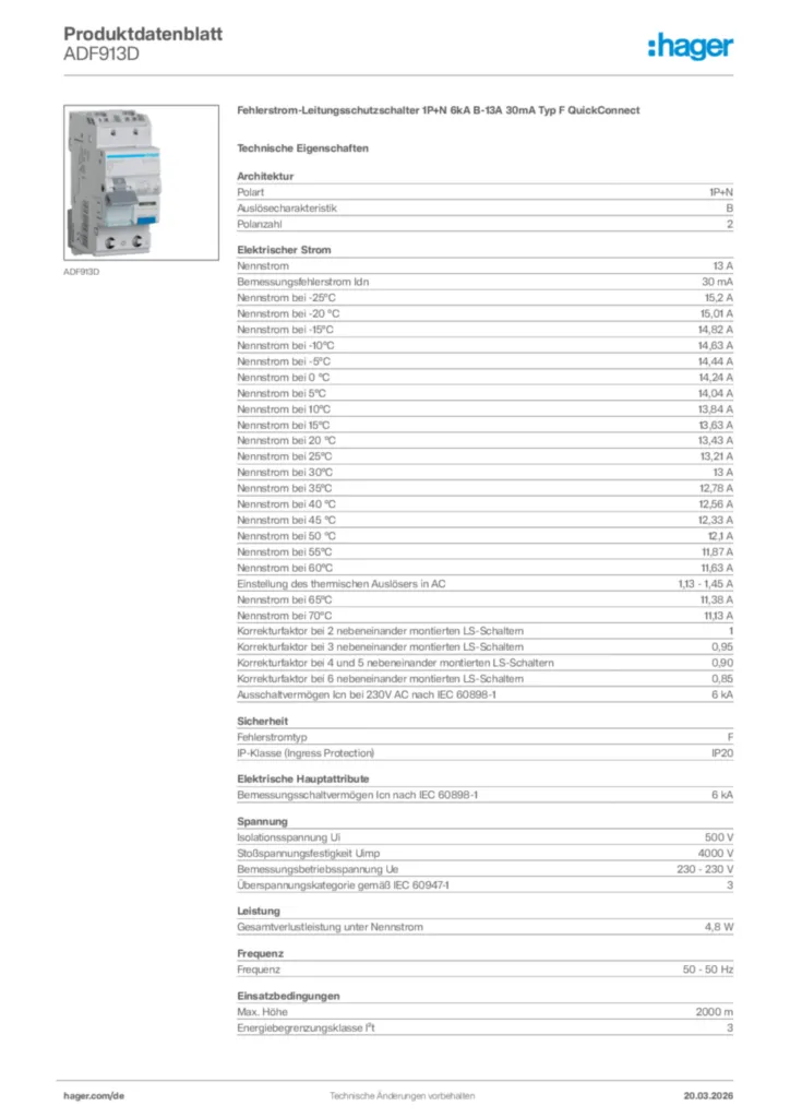Bild Hager Produktdatenblatt ADF913D | Hager Deutschland